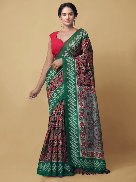 

Unnati Silks Black & Green Floral & Kalamkari Printed Handloom Silk Cotton Chanderi Saree