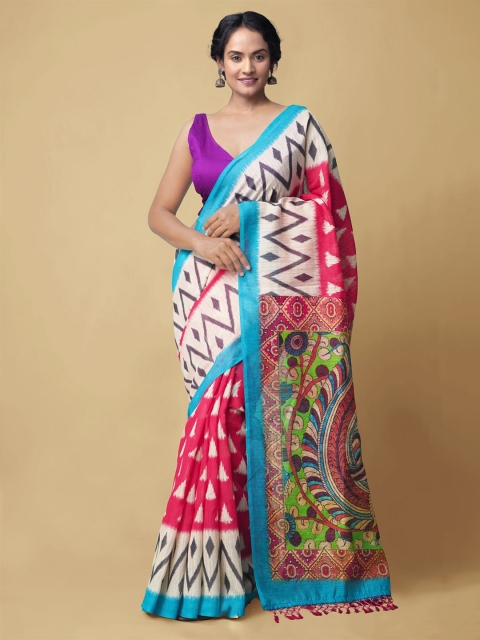 

Unnati Silks Women Red & Blue Chanderi Geometric Print Silk Cotton Saree