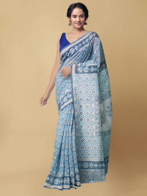 

Unnati Silks Women Blue & Off White Pure Block Printed Chanderi Sico Sustainable Saree