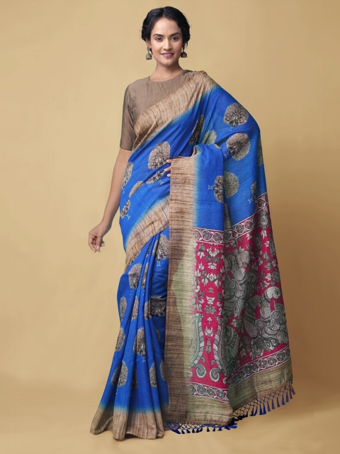

Unnati Silks Women Blue Kalamkari Chanderi Silk Saree