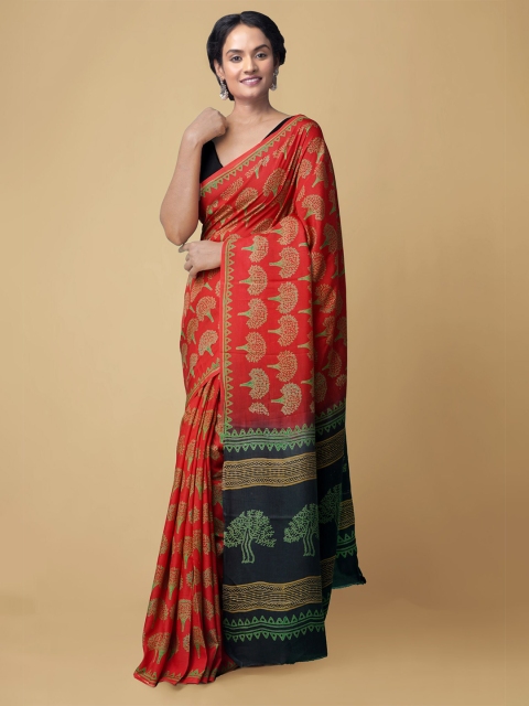 

Unnati Silks Women Red & Green Baluchari Block Print Pure Silk Saree