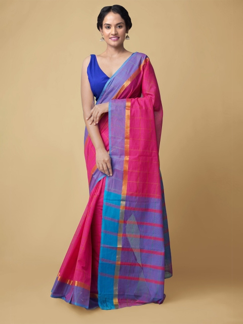 

Unnati Silks Women Pink & Blue Mangalagiri Striped Zari Pure Cotton Saree
