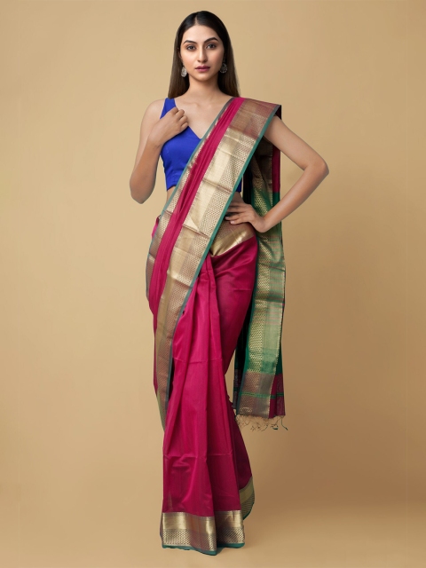 

Unnati Silks Pink & Green Zari Silk Cotton Sustainable Maheshwari Saree