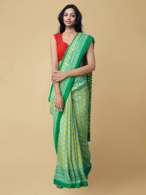 

Unnati Silks Green & Yellow Printed Silk Blend Baluchari Saree