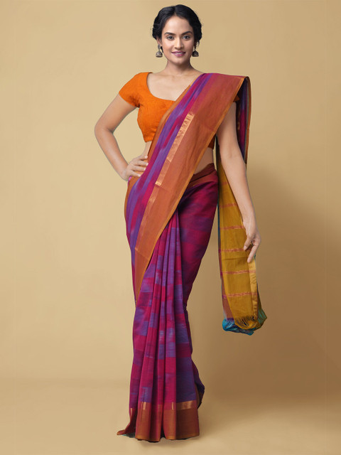 

Unnati Silks Women's Multicolour Pure Ikat Mangalagiri Cotton Saree, Purple