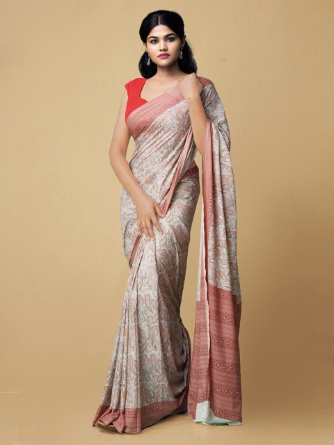

Unnati Silks Green & Red Paisley Soft Silk Block Print Saree