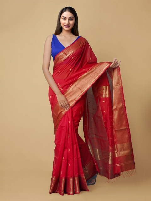 

Unnati Silks Red & Gold-Toned Zari Silk Cotton Maheshwari Sustainable Saree