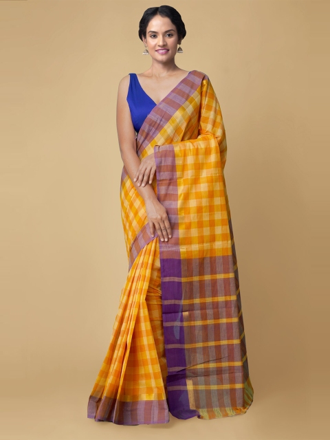 

Unnati Silks Orange & Blue Checked Pure Cotton Mangalagiri Saree