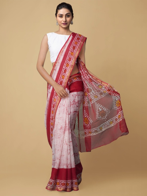 

Unnati Silks Cream-Coloured & Red Batik Printed Handloom Pure Cotton Kota Saree