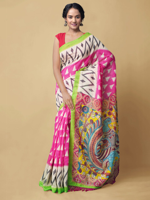 

Unnati Silks Pink & Green Printed Chanderi Sustainable Saree