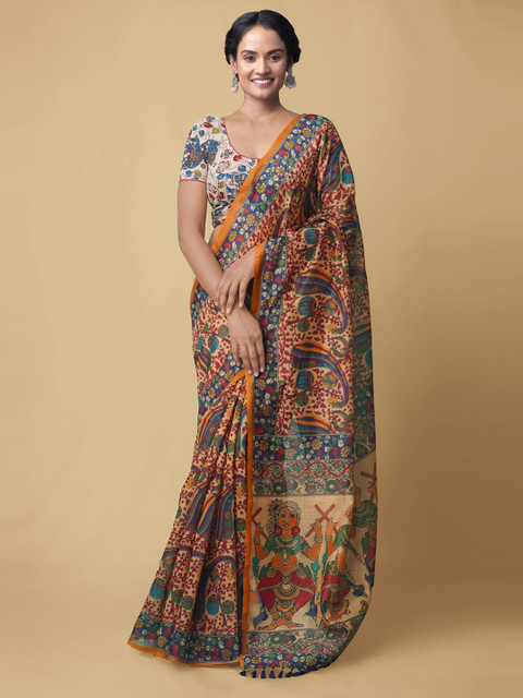 

Unnati Silks Red & Blue Kalamkari Silk Cotton Chanderi Saree