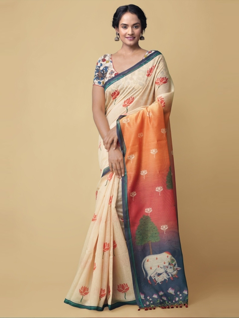 

Unnati SilksWomen Beige & Orange Chanderi Kalamkari Print Silk Cotton Saree