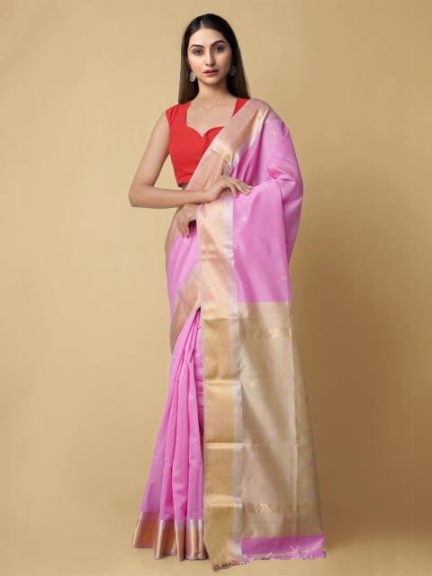 

Unnati Silks Women Pink & Cream Maheshwari Printed Ethnic Motifs Silk Cotton Saree