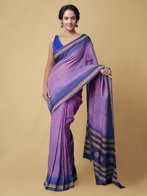 

Unnati Silks Pink & Blue Pure Silk Baluchari Sustainable Saree