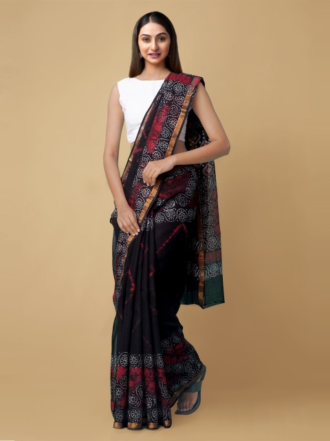 

Unnati Silks Women Black & White Kota Batik Print Zari Pure Cotton Saree