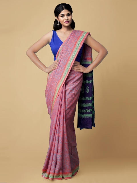 

Unnati Silks Pink & Blue Woven Design Pure Silk Baluchari Saree