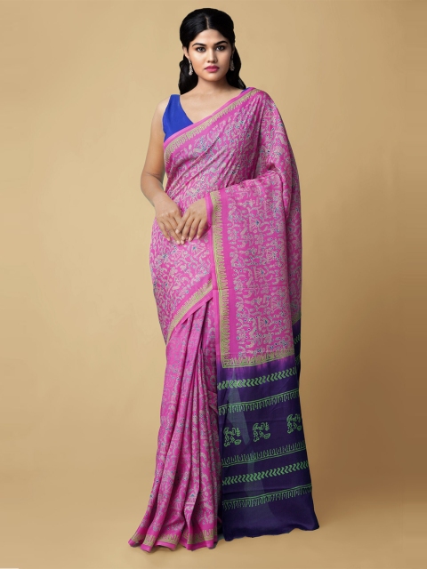 

Unnati Silks Pink & Blue Paisley Pure Silk Sustainable Baluchari Saree