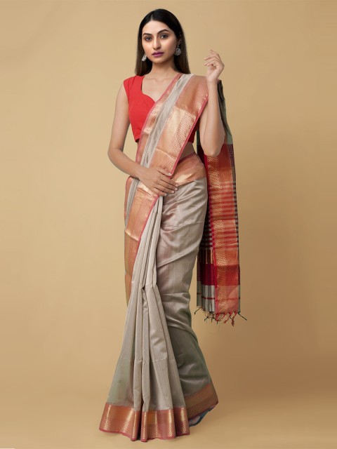 

Unnati Silks Grey & Red Zari Silk Cotton Maheshwari Saree