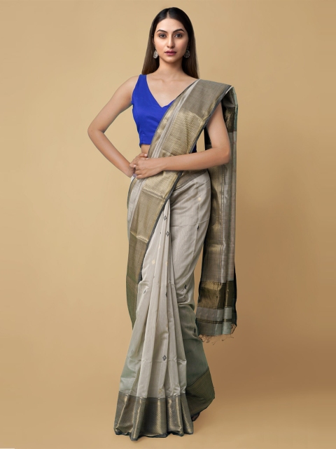 

Unnati Silks Brown & Grey Woven Design Zari Maheshwari Sustainable Saree