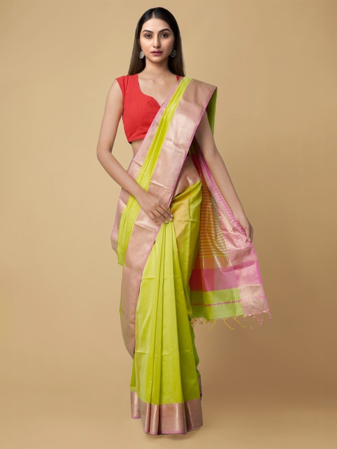 

Unnati Silks Green & Pink Woven Design Silk Cotton Maheshwari Saree