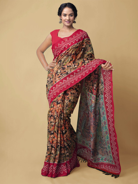 

Unnati Silks Black & Red Floral & Kalamkari Printed Handloom Silk Cotton Chanderi Saree