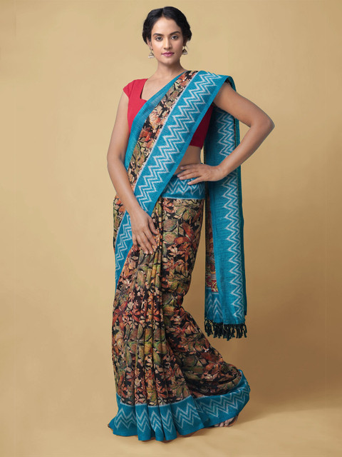 

Unnati Silks Women Black & Green Chanderi Kalamkari Print Silk Cotton Chanderi Saree