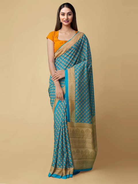 

Unnati Silks Blue & Beige Ethnic Motifs Sustainable Baluchari Saree