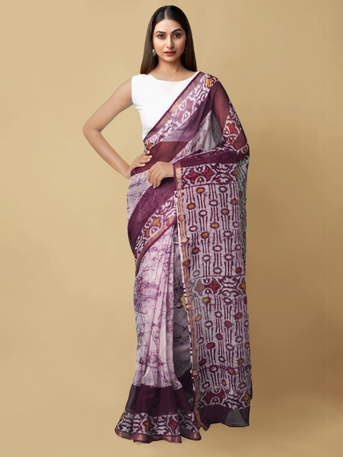 

Unnati Silks Burgundy & Off White Batik Pure Cotton Kota Sustainable Saree