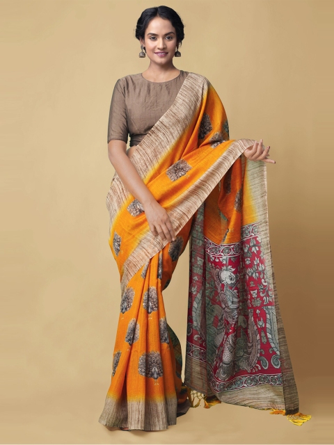 

Unnati Silks Orange & Beige Ethnic Motifs Silk Cotton Sustainable Chanderi Saree