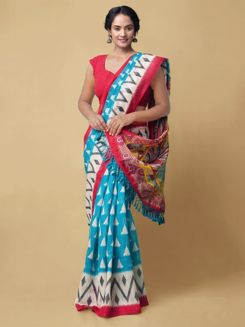 

Unnati Silks Blue & Red Kalamkari Printed Handloom Silk Cotton Chanderi Saree