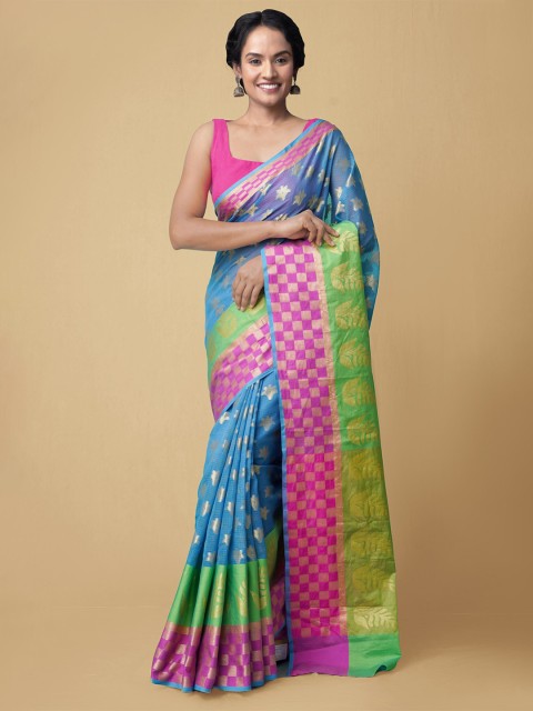 

Unnati Silks Blue & Gold-Toned Floral Zari Sustainable Kota Banarasi Saree