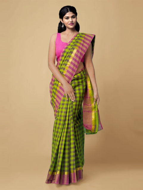 

Unnati Silks Green & Yellow Checked Pure Cotton Mangalagiri Saree