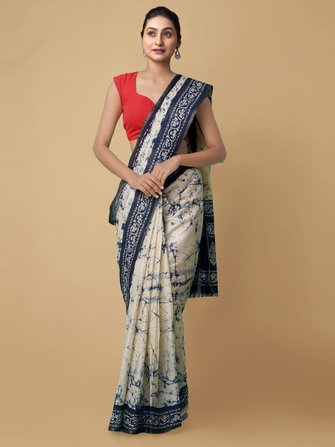 

Unnati Silks Off White & Navy Blue Batik Pure Cotton Sustainable Saree