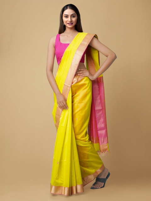 

Unnati Silks Green & Pink Woven Design Zari Maheshwari Sustainable Saree