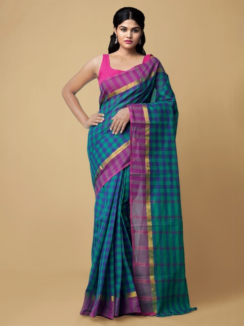 

Unnati Silks Green & Blue Checked Zari Pure Cotton Mangalagiri Saree
