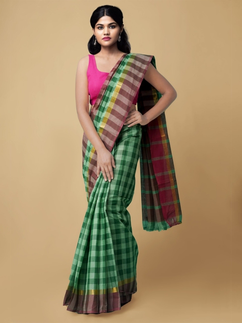 

Unnati Silks Green & Purple Checked Pure Cotton Sustainable Mangalagiri Saree