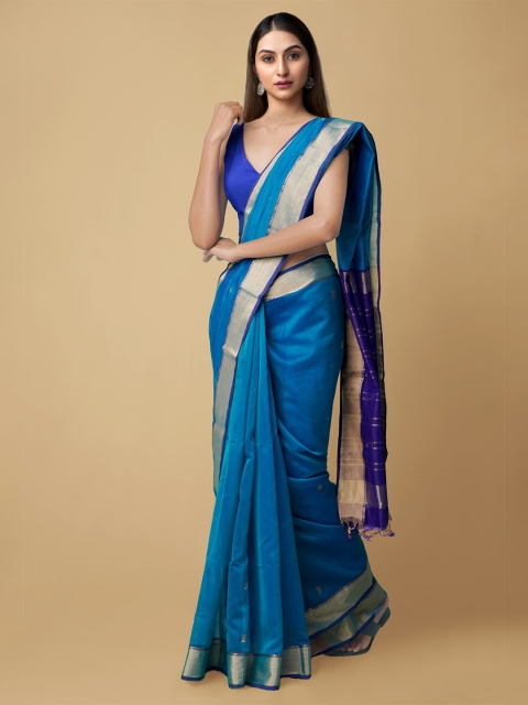 

Unnati Silks Blue & Gold-Toned Woven Design Zari Silk Cotton Maheshwari Saree