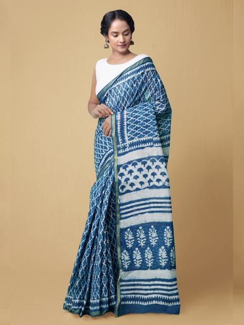 

Unnati Silks Blue & White Batik Pure Cotton Block Print Sustainable Saree