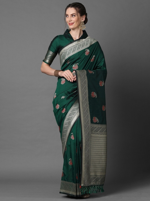 

Mitera Green & Silver-Toned Woven Design Silk Blend Banarasi Saree