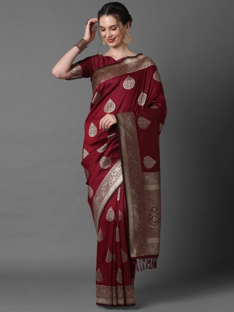 

Mitera Maroon & Gold-Toned Woven Design Silk Blend Banarasi Saree