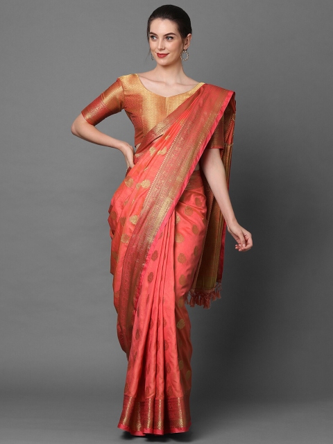 

Mitera Peach-Coloured & Gold-Coloured Woven Design Zari Silk Blend Banarasi Saree