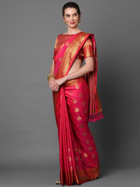 

Mitera Pink & Gold-Toned Woven Design Silk Blend Banarasi Saree