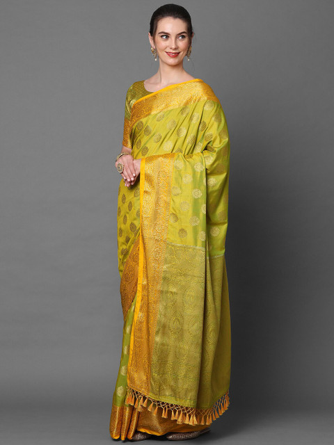 

Mitera Lime Green & Yellow Woven Design Silk Blend Banarasi Saree