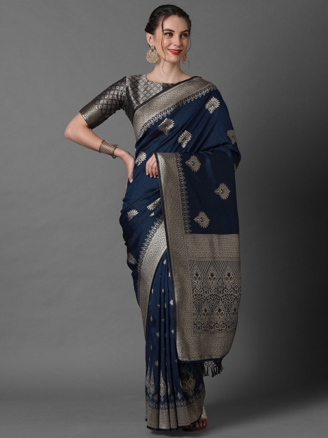 

Mitera Navy Blue & Silver-Toned Ethnic Motifs Banarasi Saree