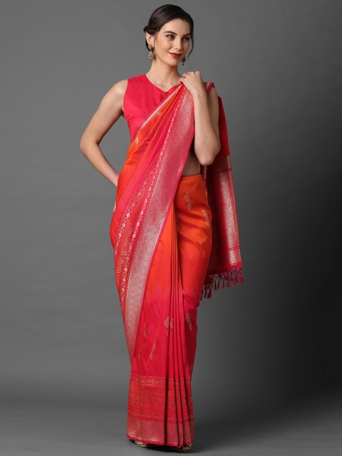 

Mitera Pink & Gold-Toned Woven Design Silk Blend Banarasi Saree