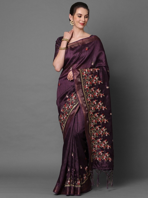 

Mitera Burgundy Floral Embroidered Saree