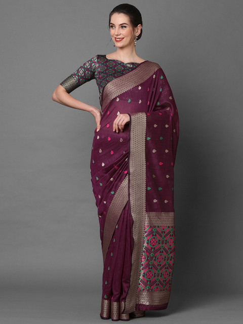 

Mitera Burgundy & Gold-Toned Woven Design Banarasi Saree