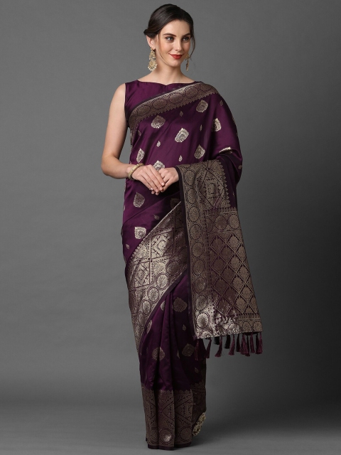 

Mitera Burgundy & Gold-Toned Ethnic Motifs Zari Banarasi Saree