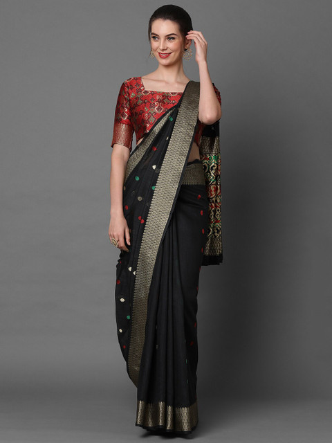 

Mitera Black & Red Ethnic Motifs Woven Design Banarasi Saree