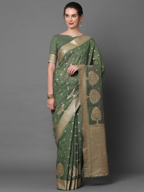 

Mitera Green & Gold-Coloured Ethnic Motifs Woven Design Silk Blend Banarasi Saree